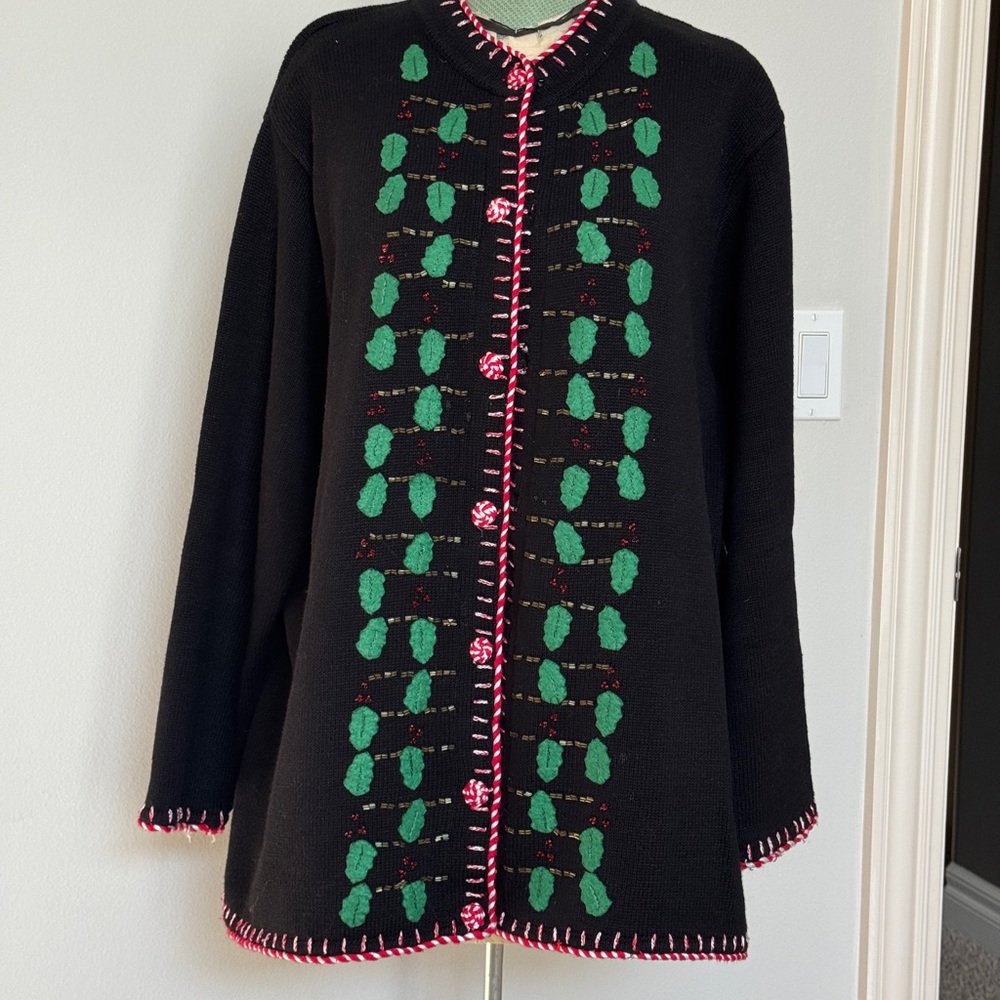 Storybook Knits 1X Christmas Sweater Black Beaded Leaf Cardigan